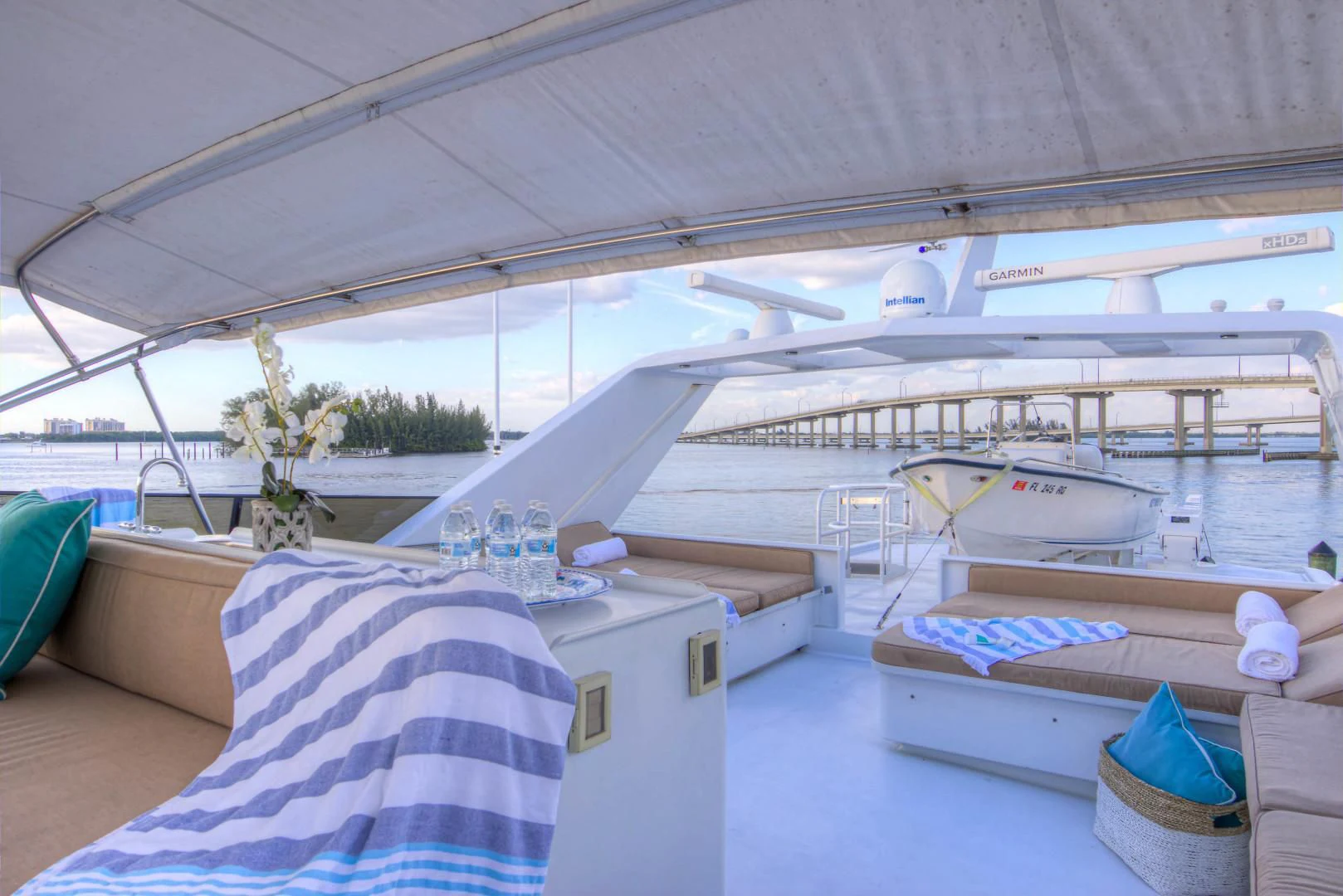 a room with a bed and a large white tent aboard LADY LEX Yacht for Sale