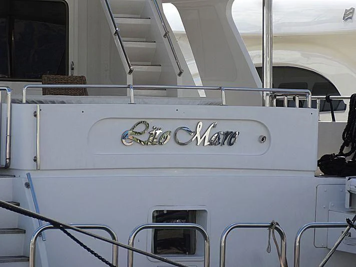 a boat with a sign on the front aboard LITO MARE Yacht for Sale