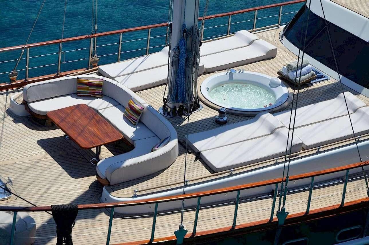 a deck with a deck and a pool aboard BLUE HEAVEN Yacht for Charter