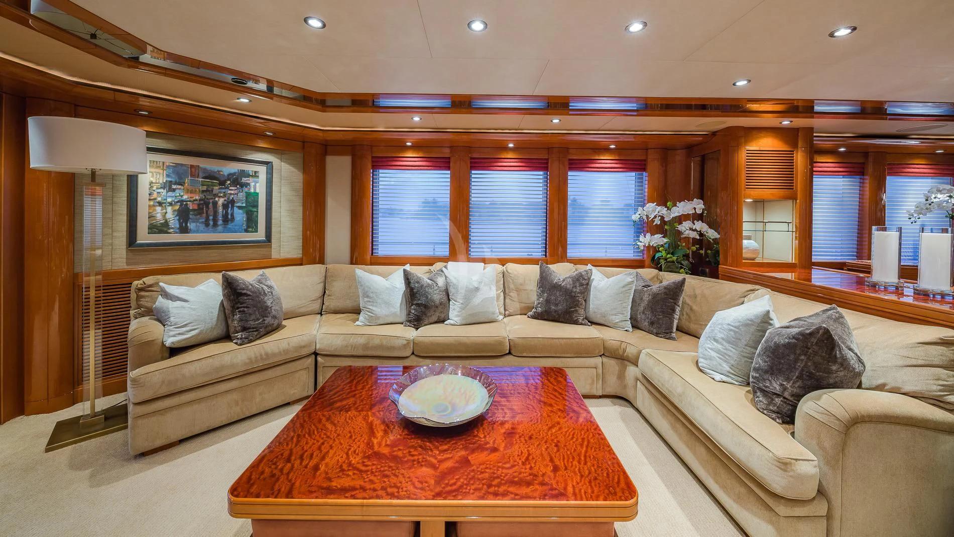 a living room with a couch and a table aboard AS YOU WISH Yacht for Sale