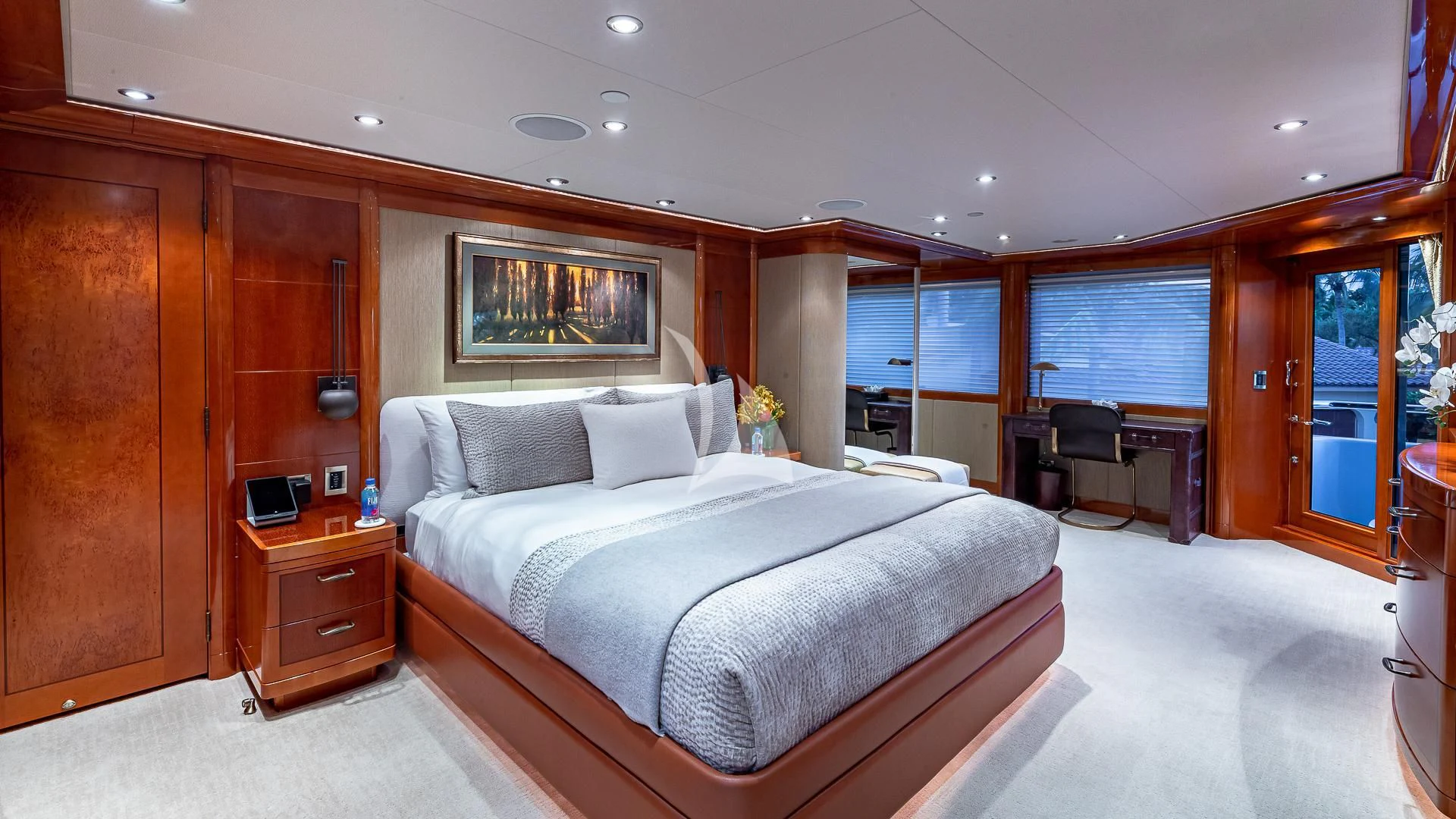 a large bedroom with a large bed aboard AS YOU WISH Yacht for Sale