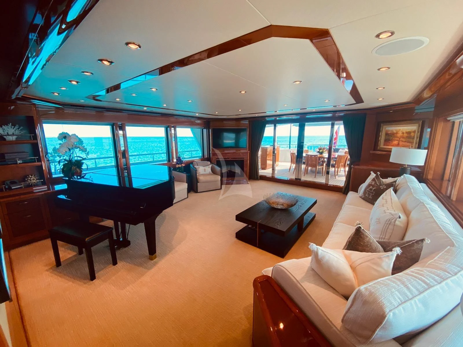 a living room with a large window aboard AS YOU WISH Yacht for Sale