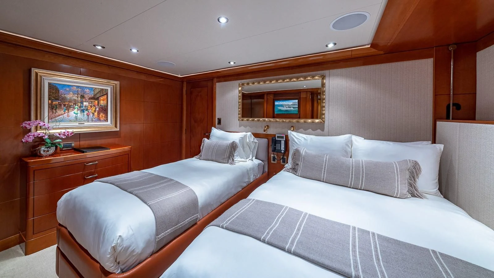 a room with two beds aboard AS YOU WISH Yacht for Sale