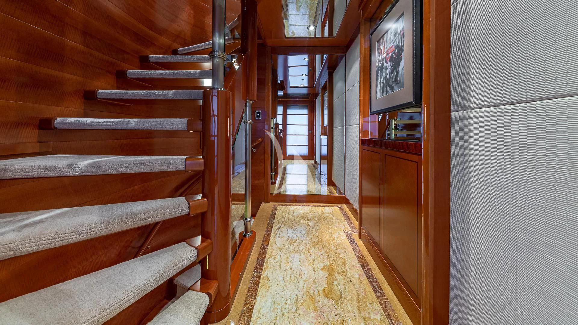 a wooden staircase in a building aboard AS YOU WISH Yacht for Sale