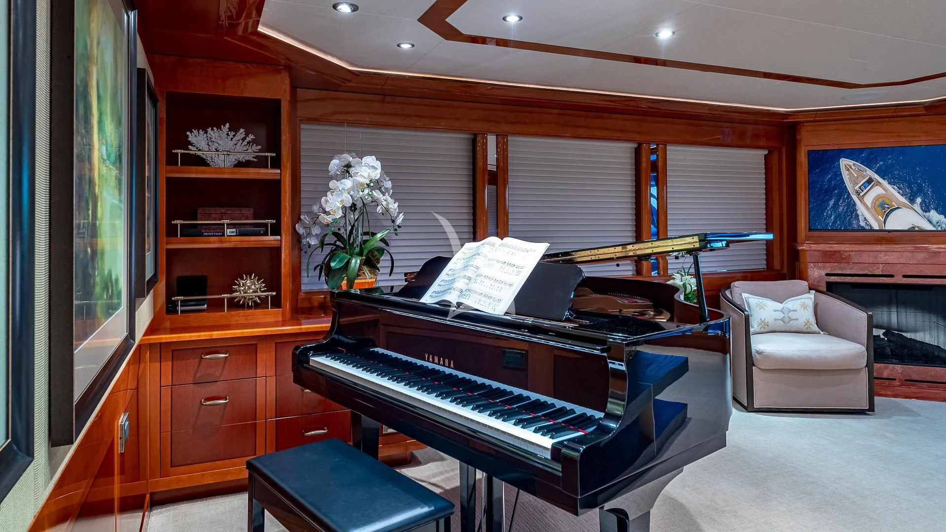 a piano in a room aboard AS YOU WISH Yacht for Sale