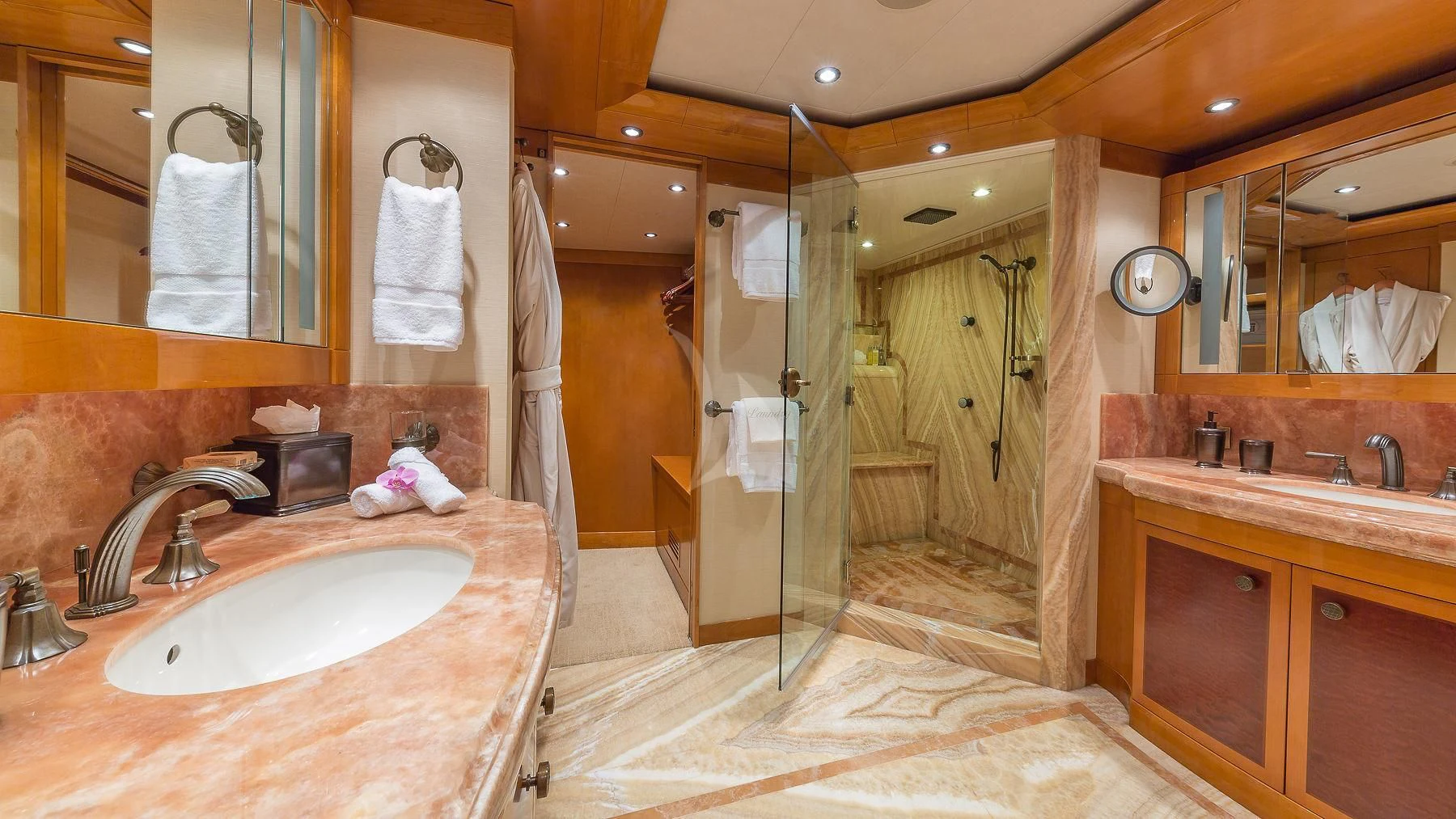 a bathroom with a shower and sink aboard AS YOU WISH Yacht for Sale