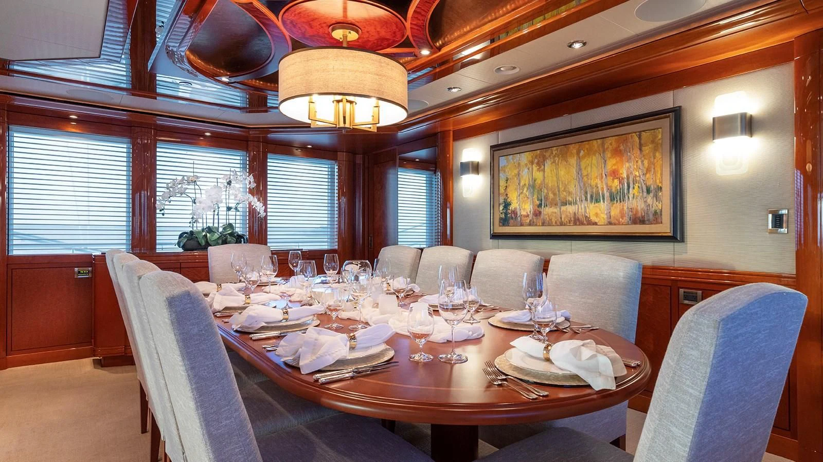a dining room with a table set aboard AS YOU WISH Yacht for Sale
