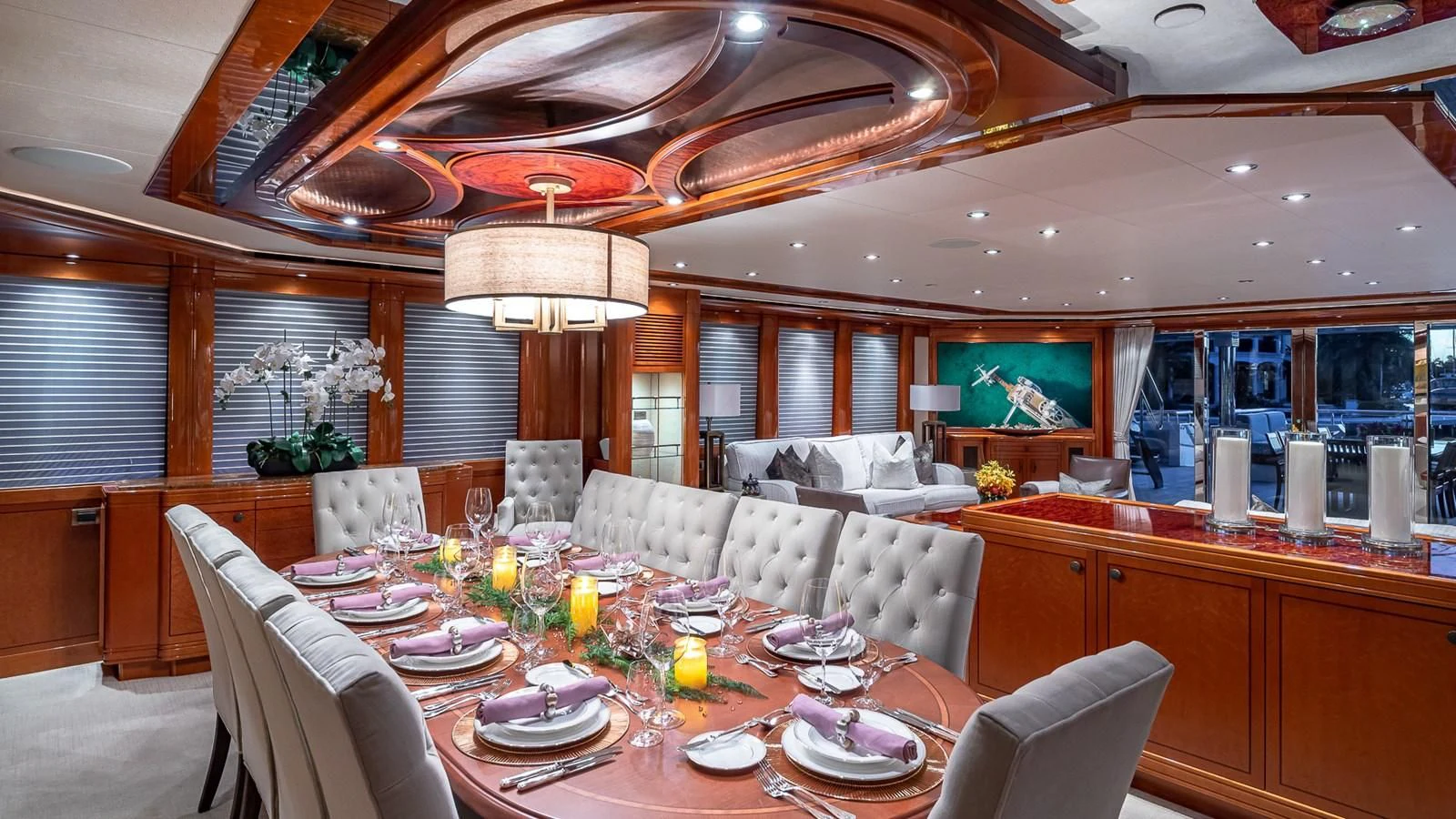 a large room with a table and chairs aboard AS YOU WISH Yacht for Sale