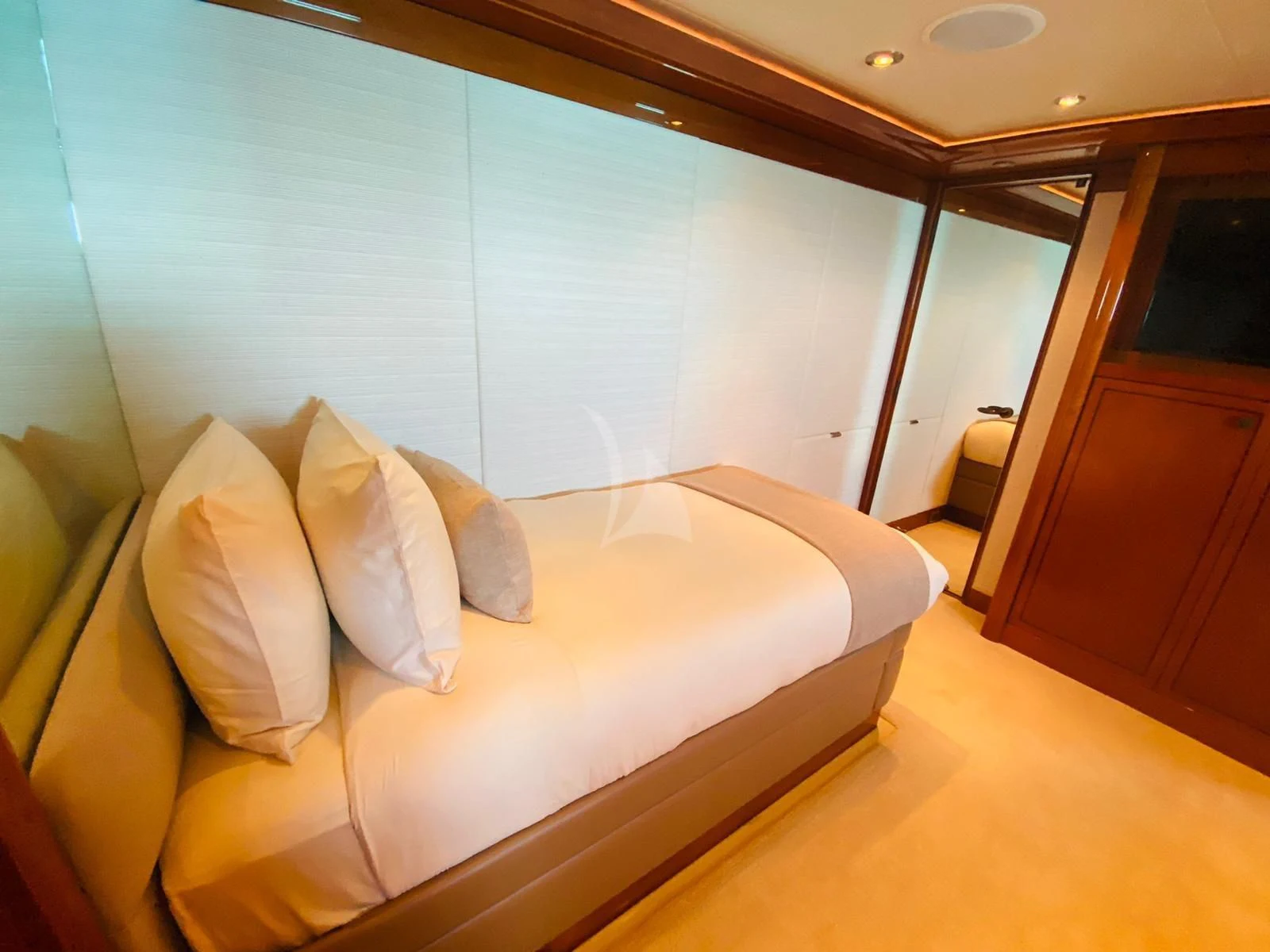 a bed in a room aboard AS YOU WISH Yacht for Sale