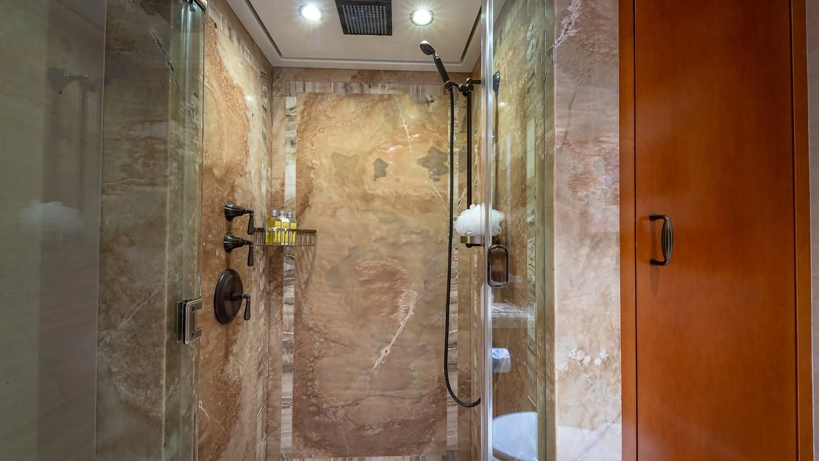 a bathroom with a shower aboard AS YOU WISH Yacht for Sale