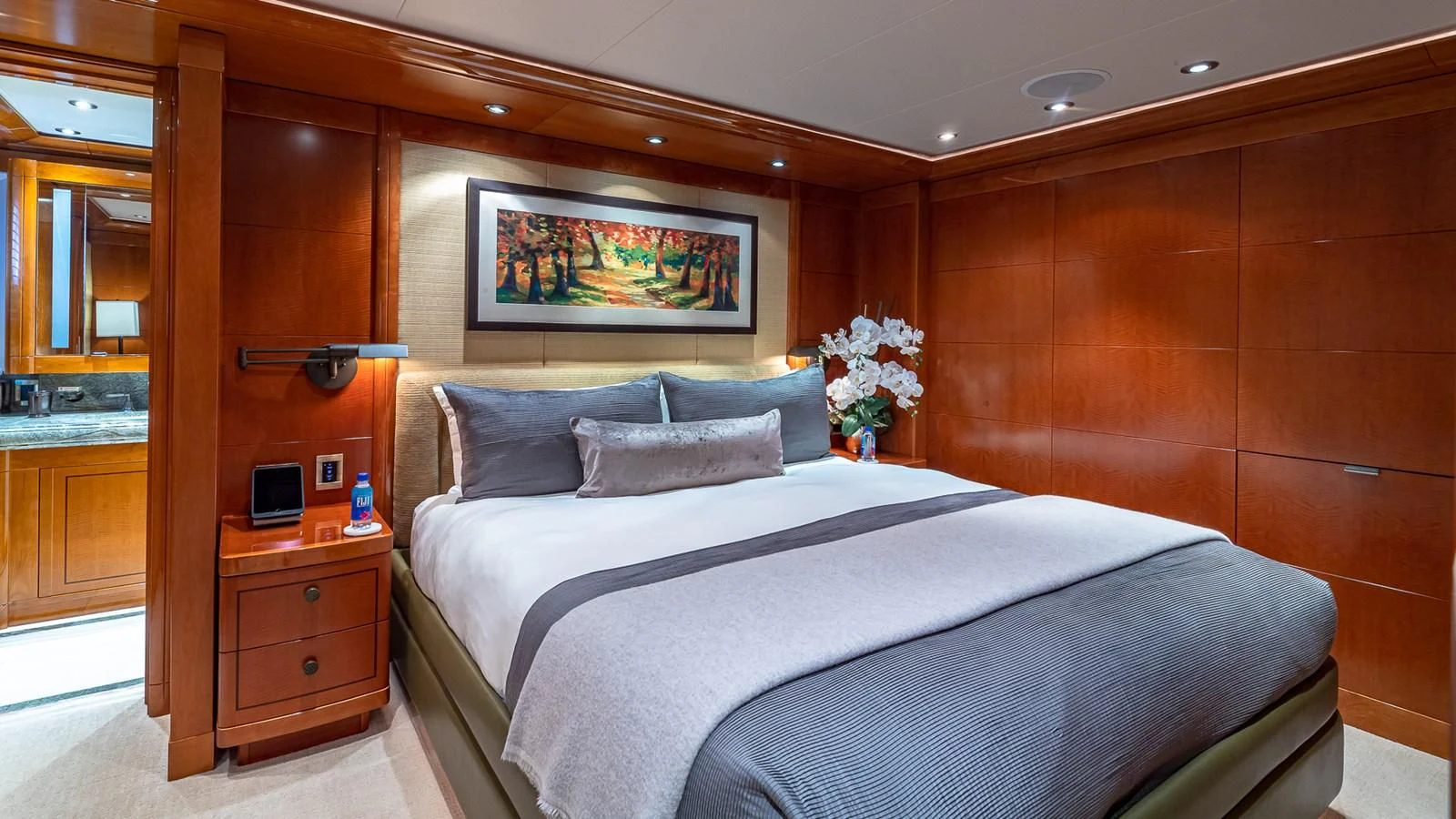 a bed in a room aboard AS YOU WISH Yacht for Sale