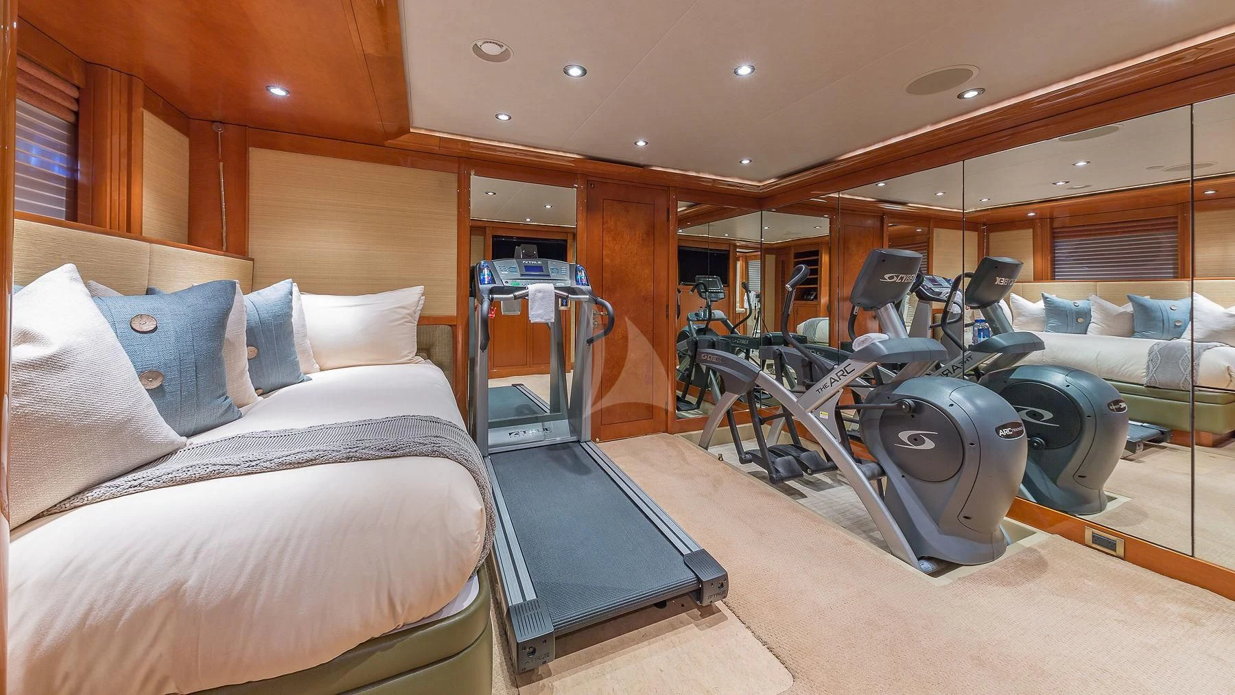 a room with a bed and a large mirror aboard AS YOU WISH Yacht for Sale