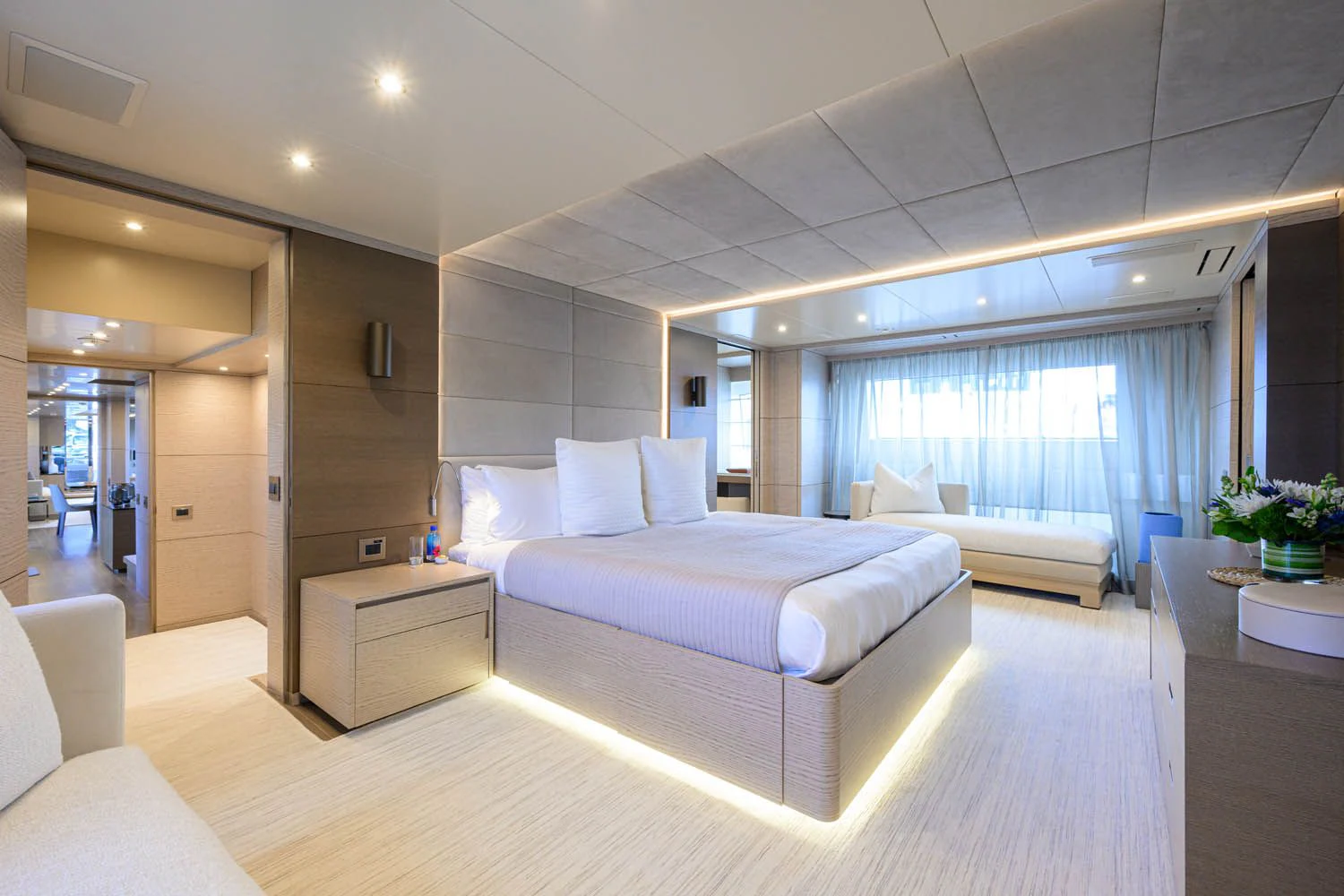 a room with a bed and a window aboard COFINA Yacht for Sale