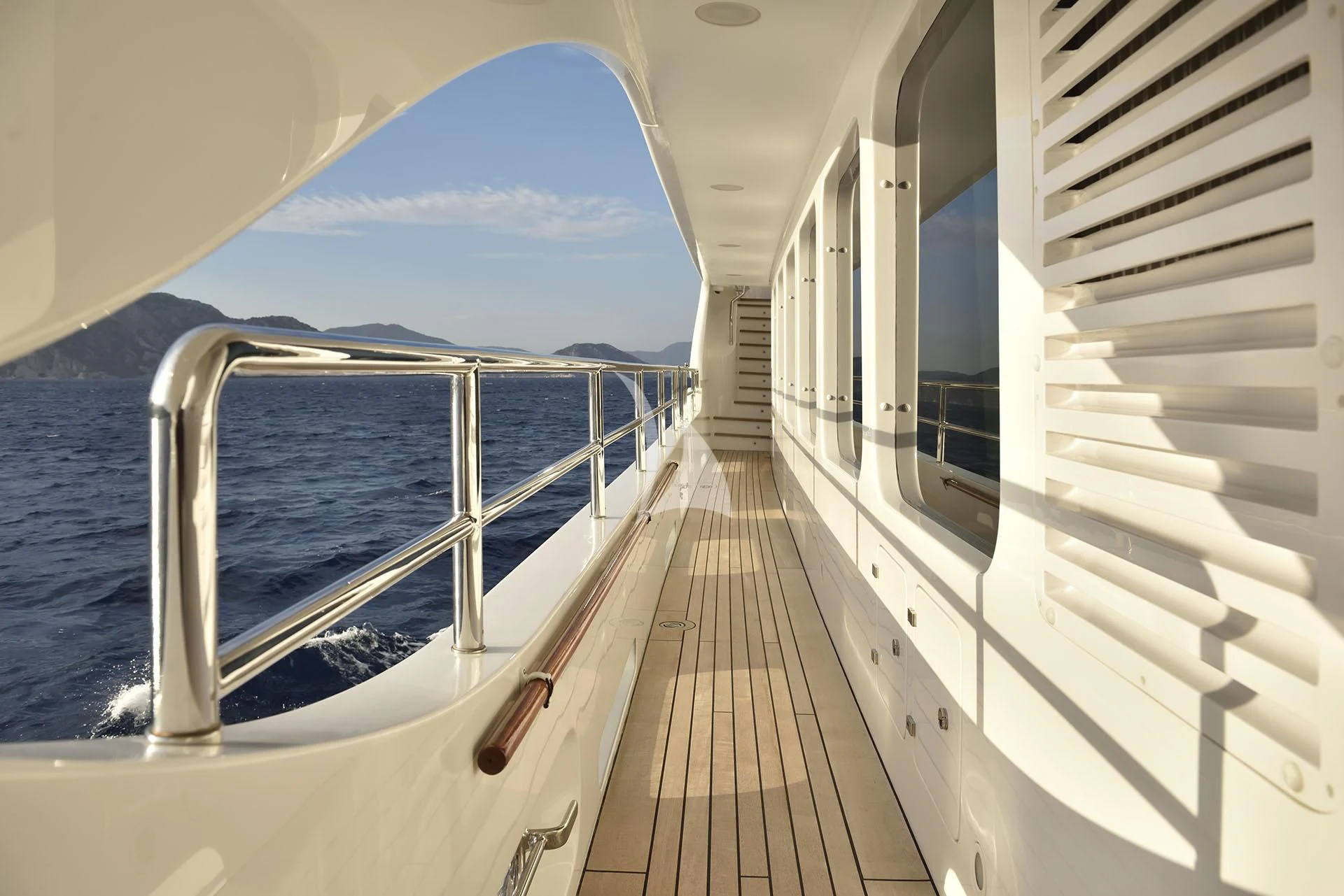 a wooden walkway on a boat aboard QUEST R Yacht for Sale
