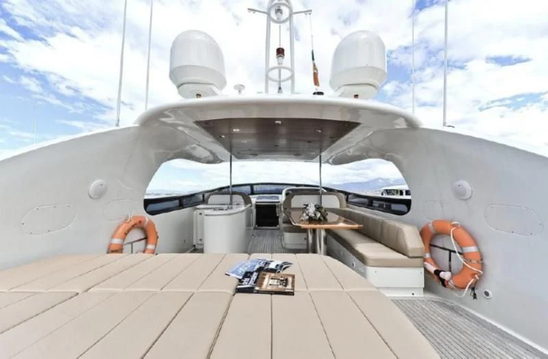a space ship with a satellite dish aboard ESCAPE II Yacht for Sale