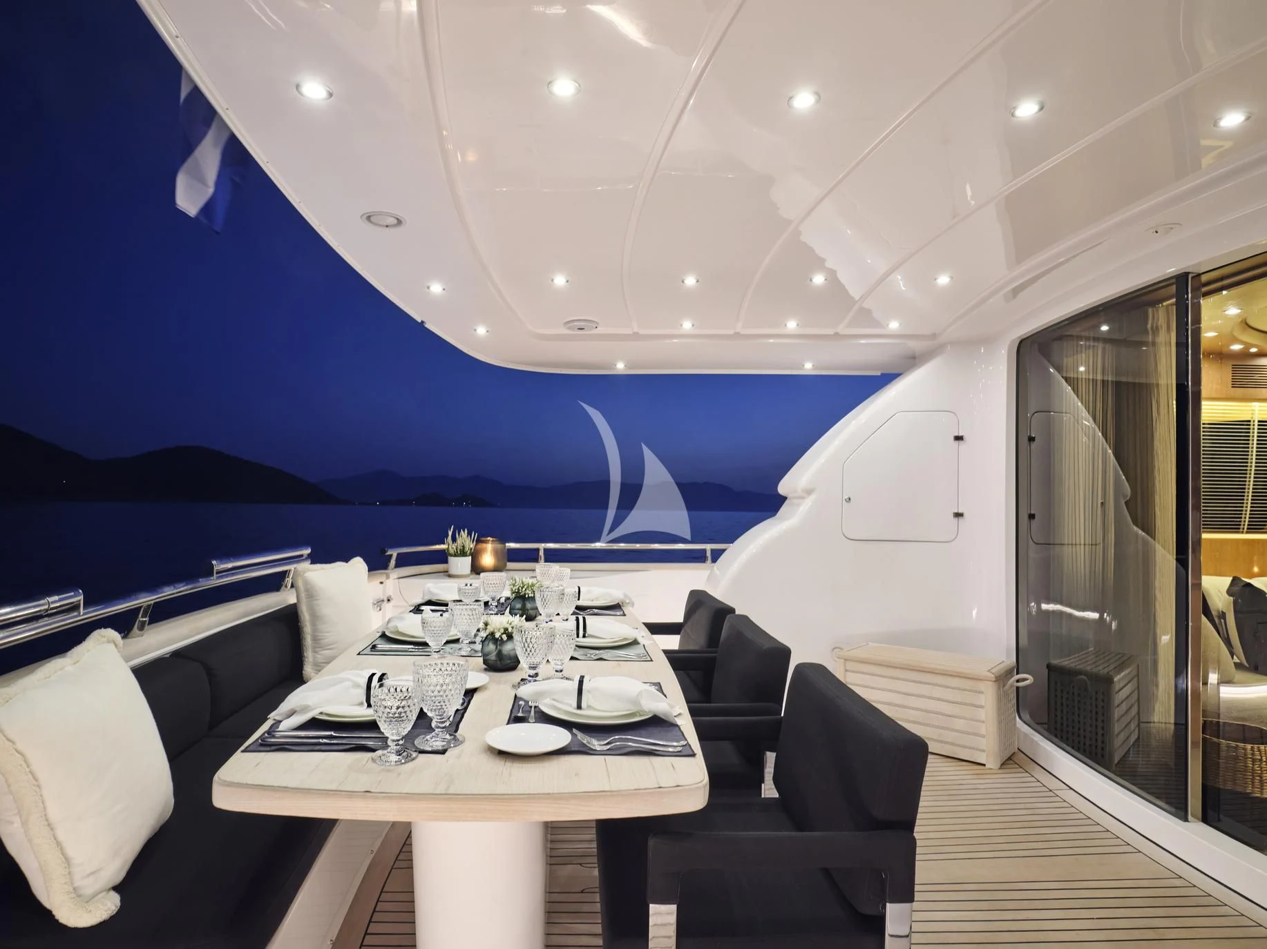 a table set for a dinner aboard IRENE'S Yacht for Sale
