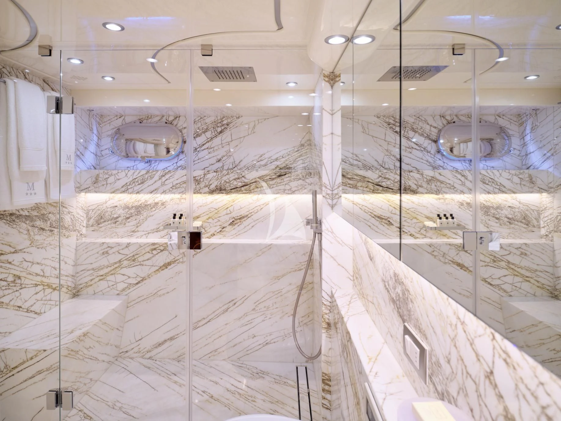 a large white room with a large white wall and a large white tub aboard IRENE'S Yacht for Sale