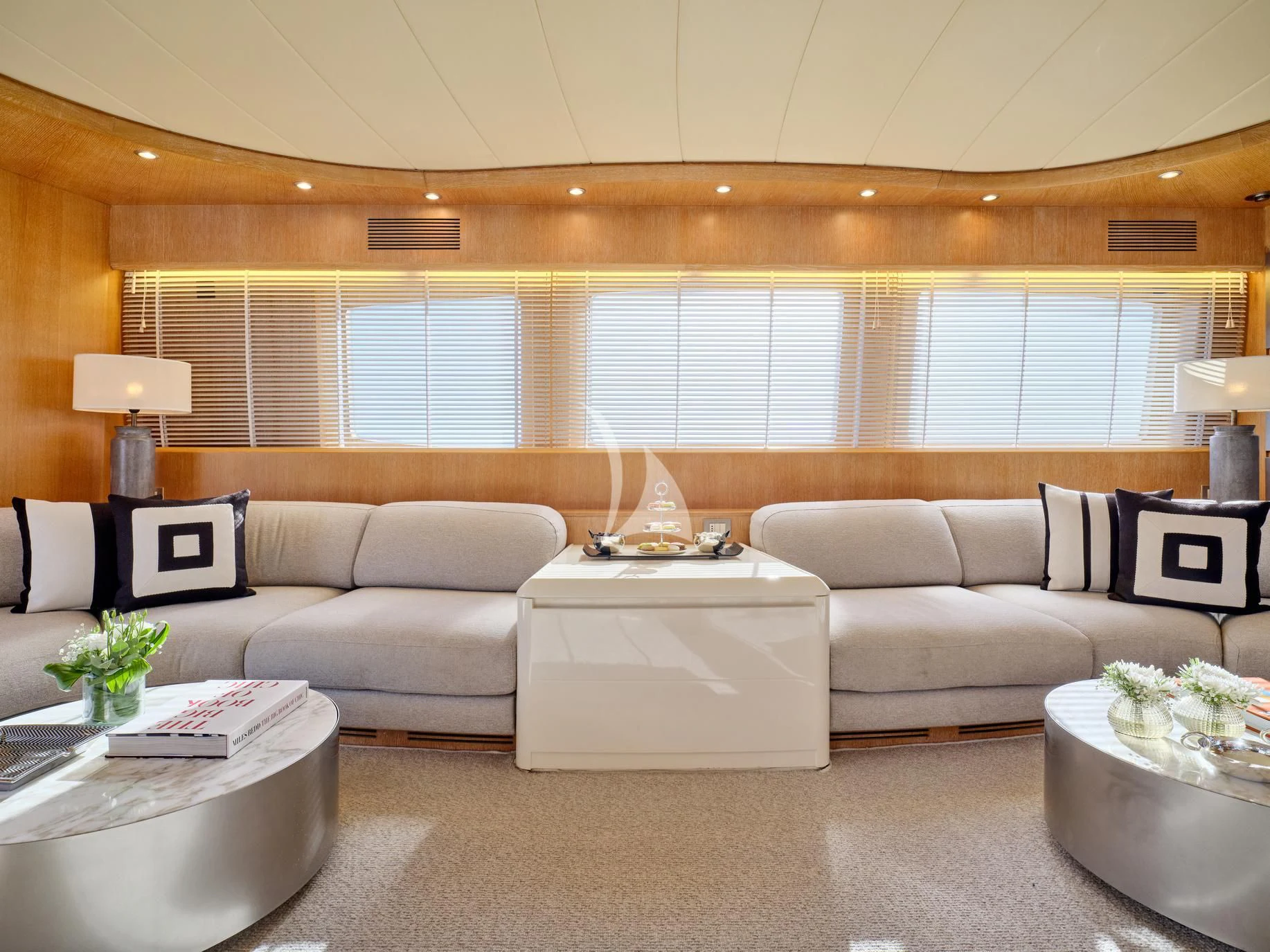 a living room with a couch and a table aboard IRENE'S Yacht for Sale