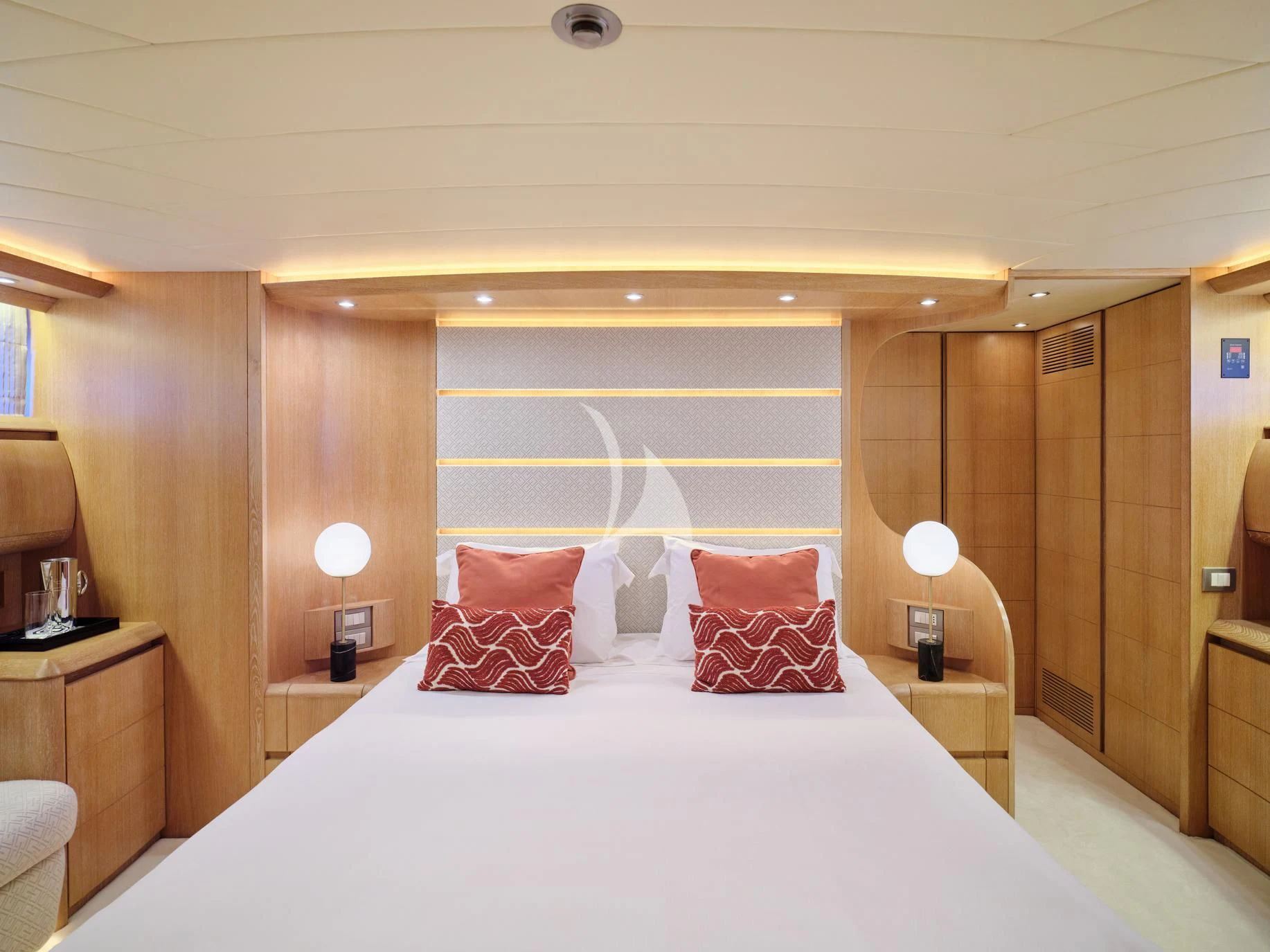 a large bed in a hotel room aboard IRENE'S Yacht for Sale
