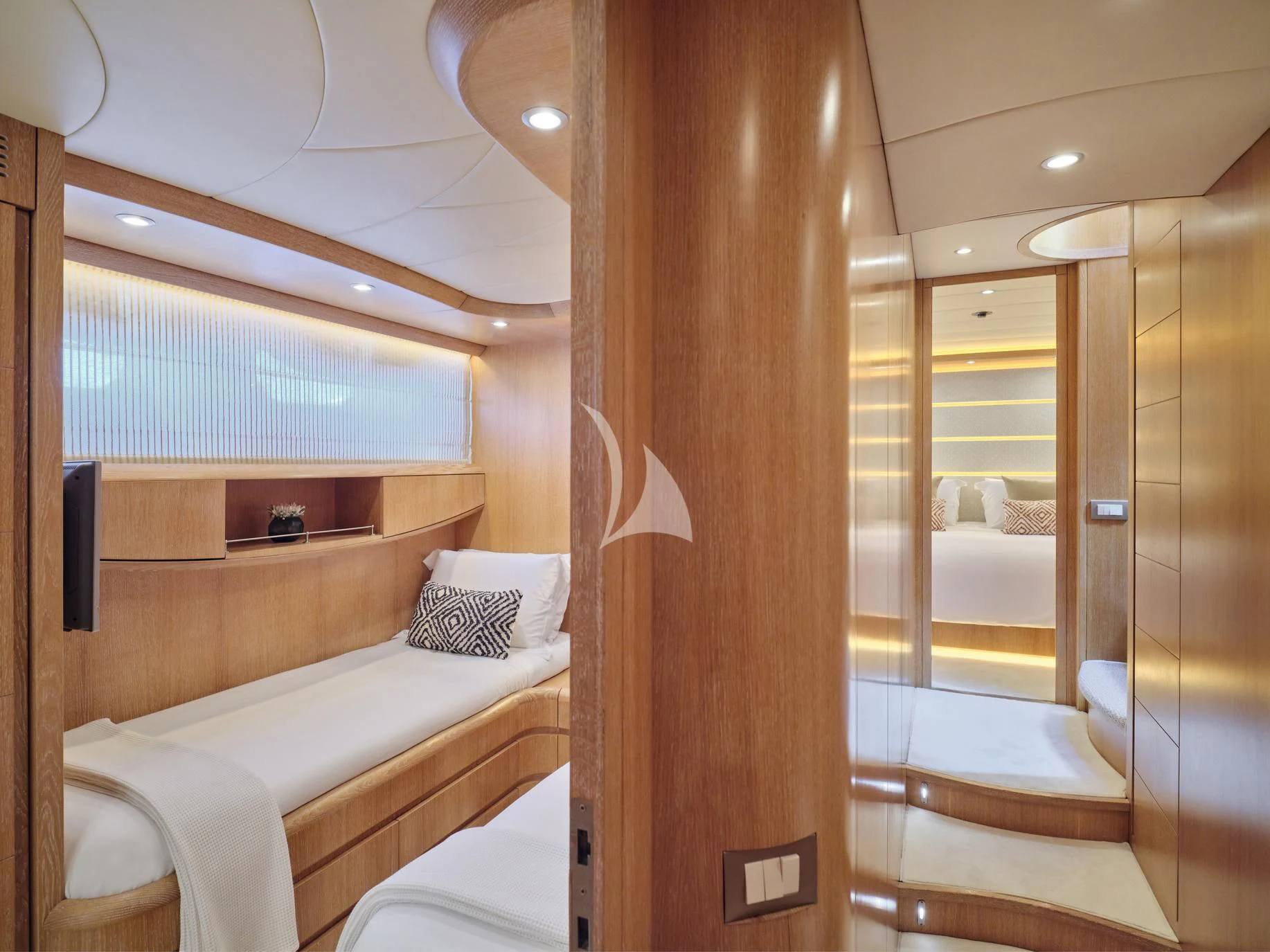 a bathroom with a wood door aboard IRENE'S Yacht for Sale