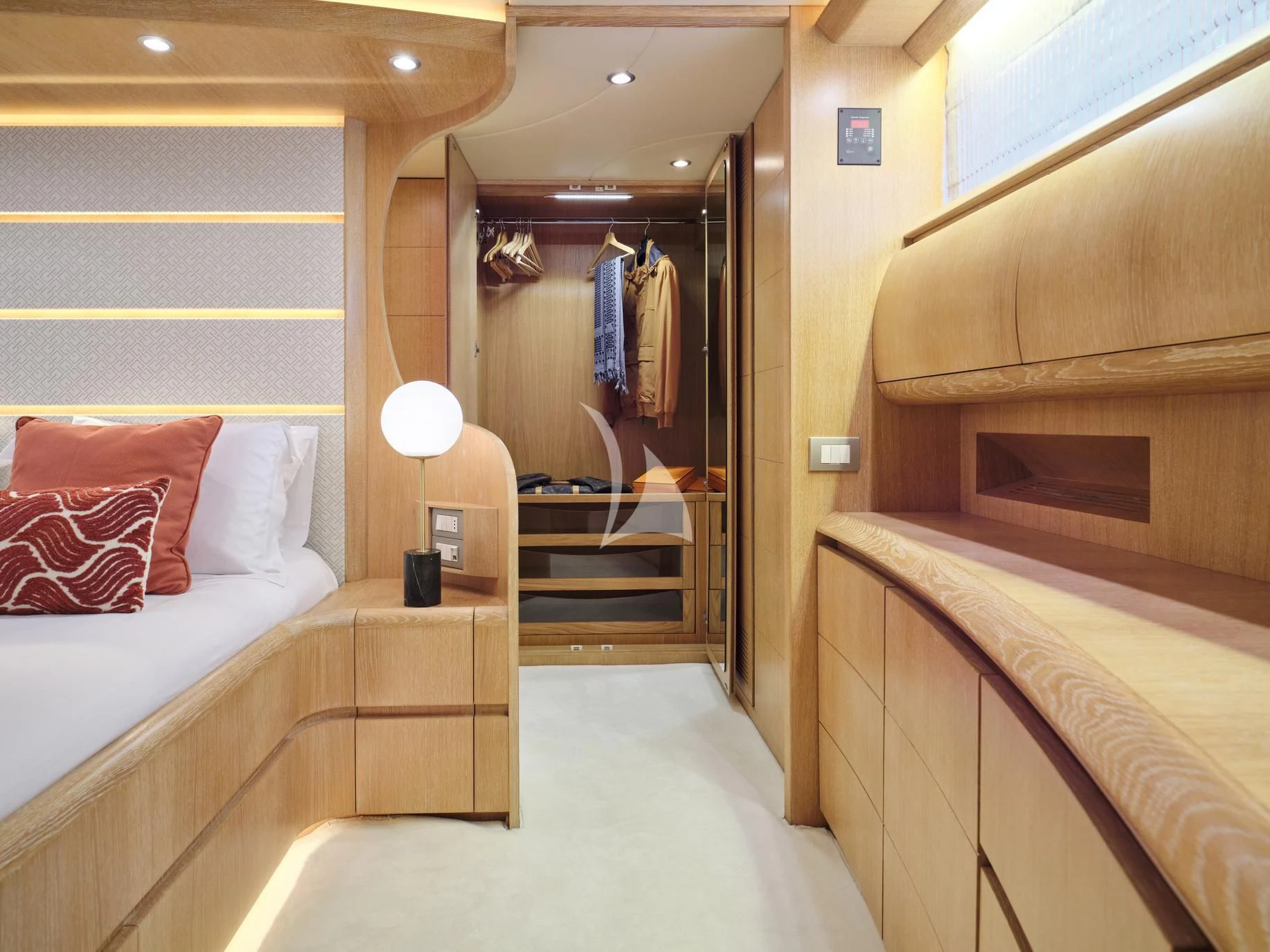 a room with a bed and a mirror aboard IRENE'S Yacht for Sale
