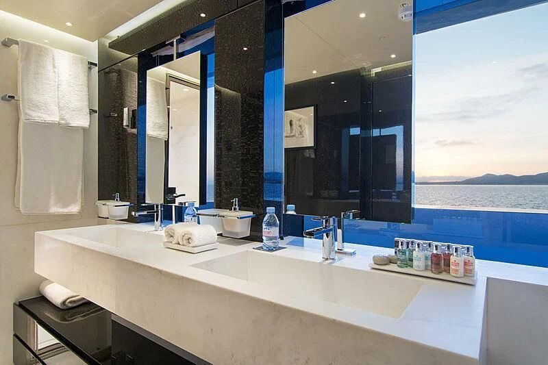 a bathroom with a large window aboard MY EDEN Yacht for Sale