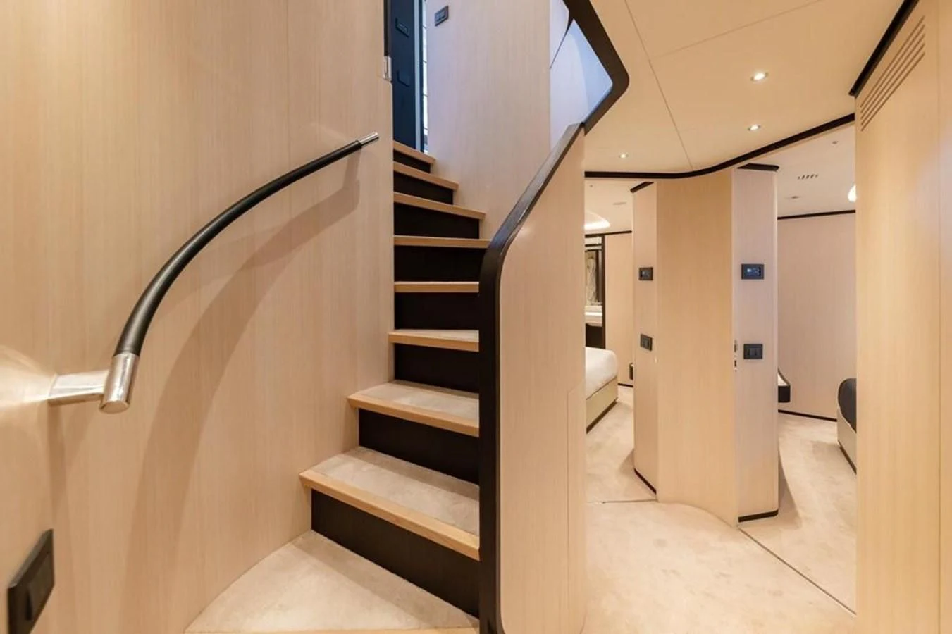 a hallway with a set of doors aboard UNDICI Yacht for Sale