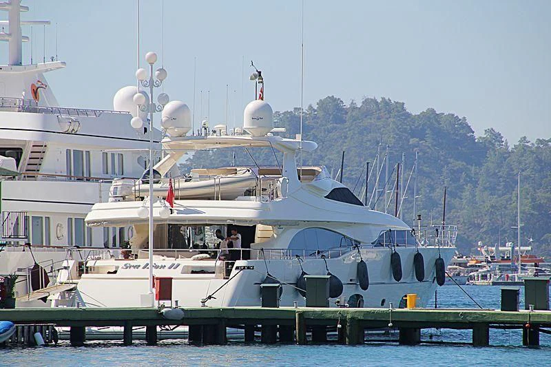 a large white boat on a dock aboard PAREAKKI Yacht for Sale