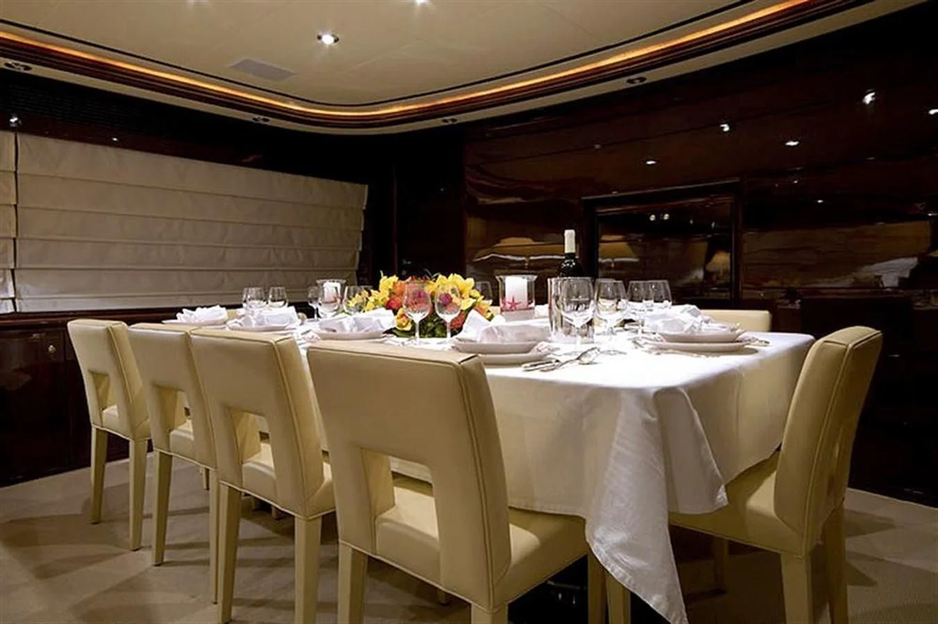 a table set for a dinner aboard TWO KAY Yacht for Sale