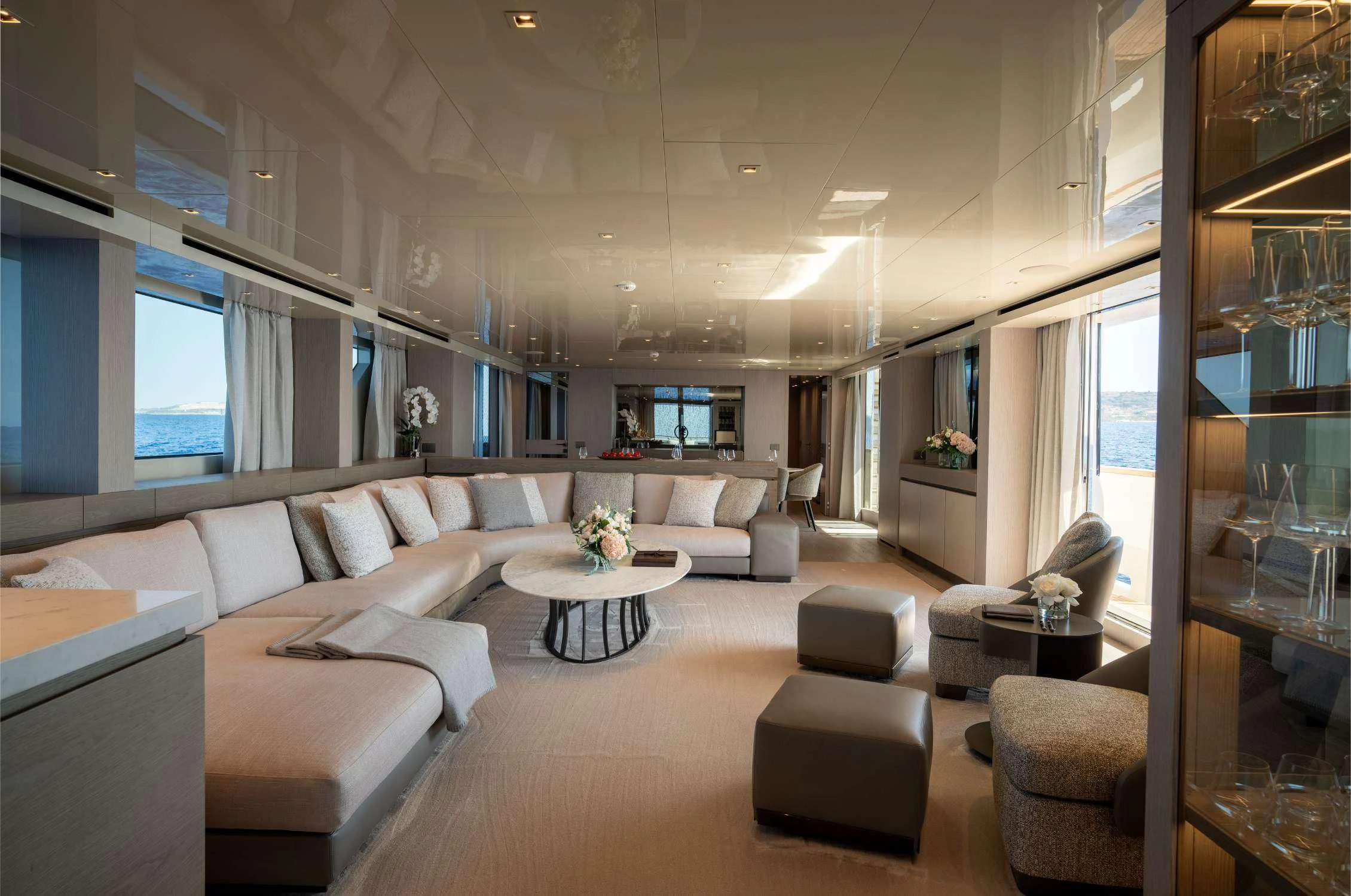 a living room with a large window aboard LANCE Yacht for Sale
