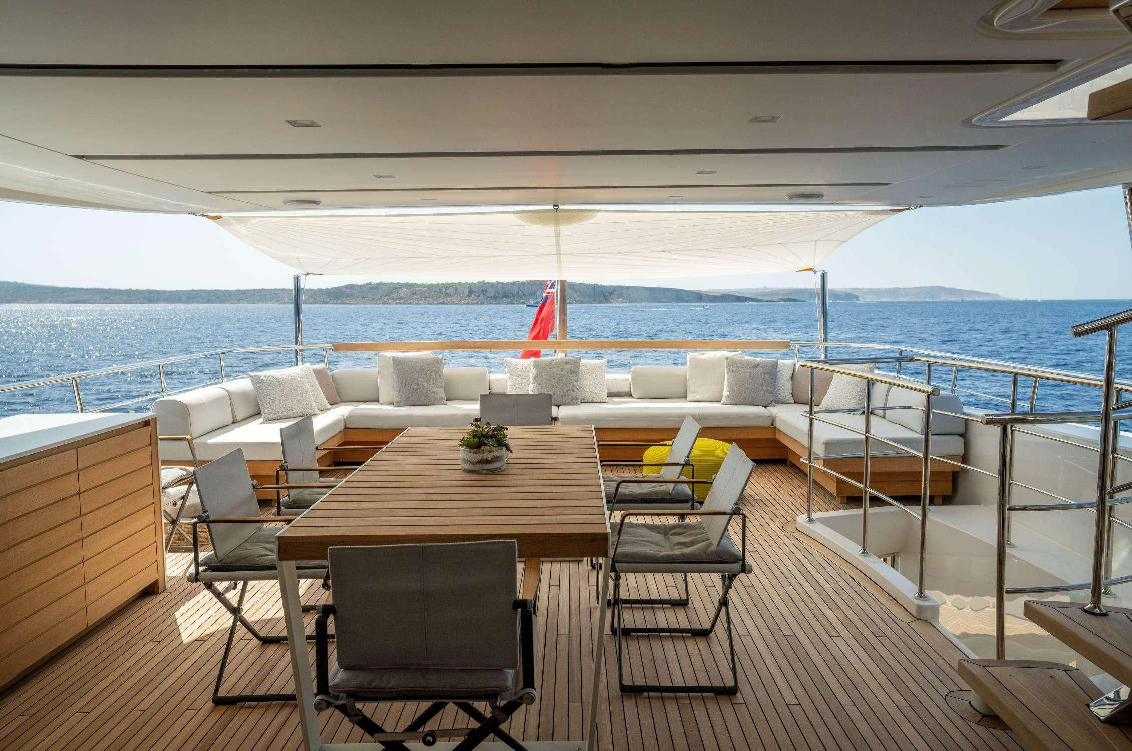 a room with a table chairs and a view of the ocean aboard LANCE Yacht for Sale