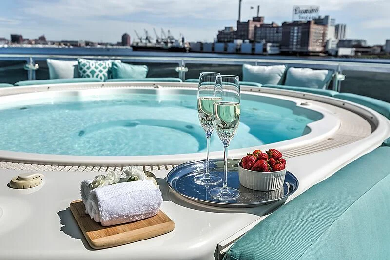 a glass of wine next to a sandwich and a slice of cheese on a table with a view aboard JESTSTREAM Yacht for Sale