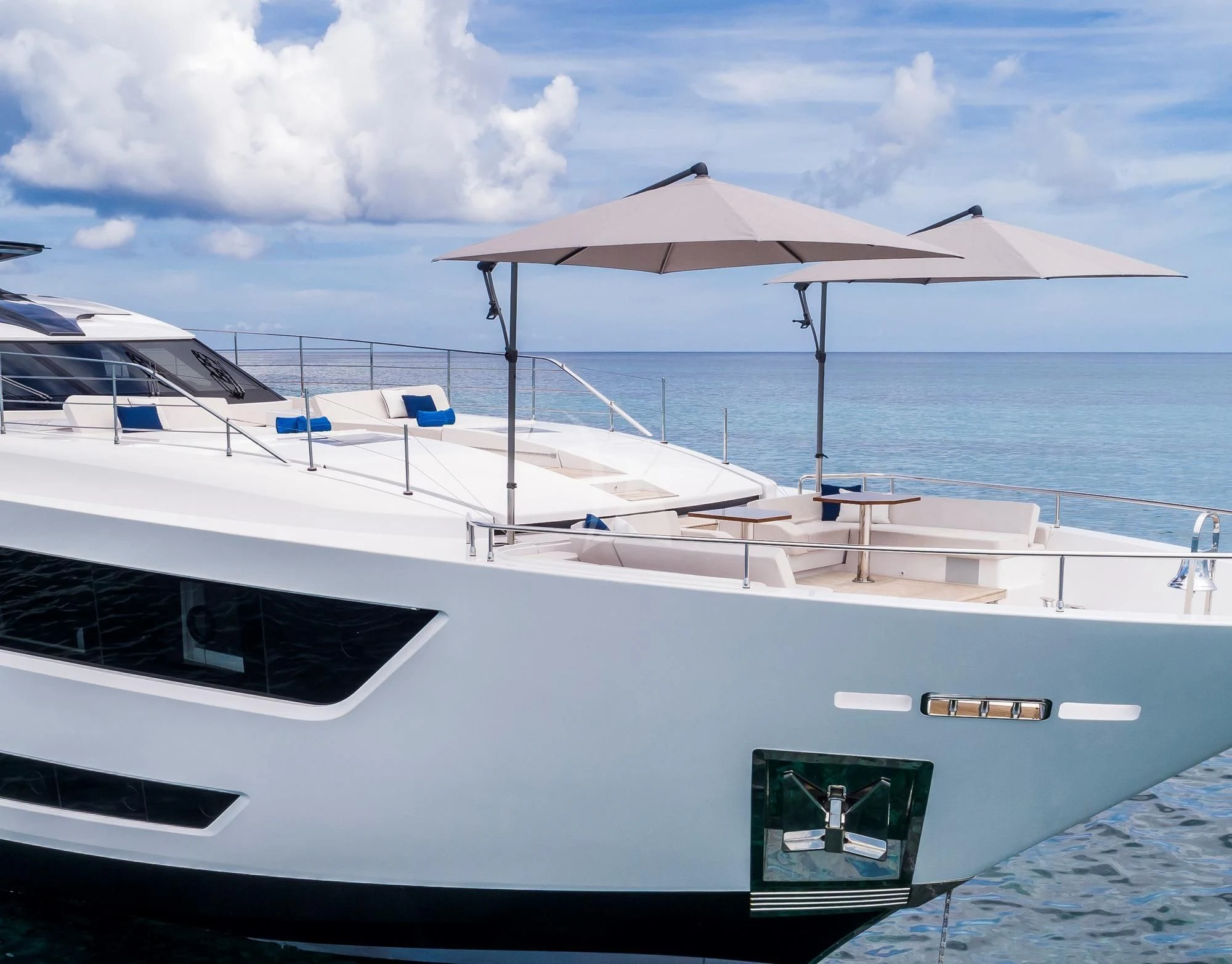 a boat with a canopy aboard NEVER BLUE Yacht for Sale