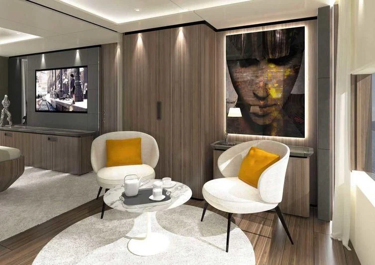 a living room with a large window aboard NEVER BLUE Yacht for Sale