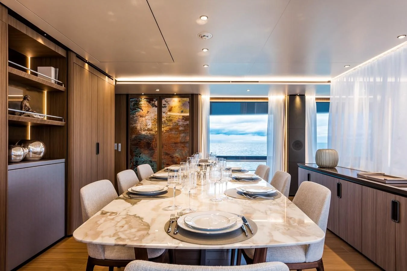a dining table set for a dinner aboard NEVER BLUE Yacht for Sale