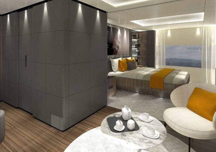 a modern bedroom with a large glass wall aboard NEVER BLUE Yacht for Sale