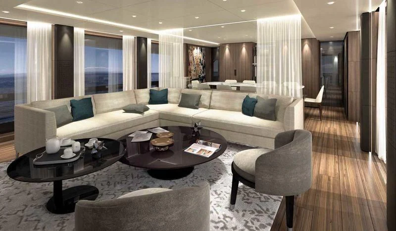 a living room with a couch and a coffee table aboard NEVER BLUE Yacht for Sale