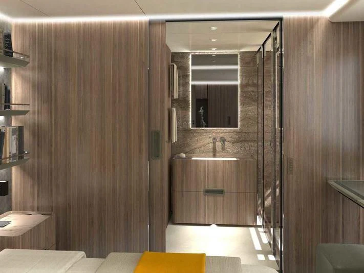 a bathroom with a shower unit and sinks aboard NEVER BLUE Yacht for Sale