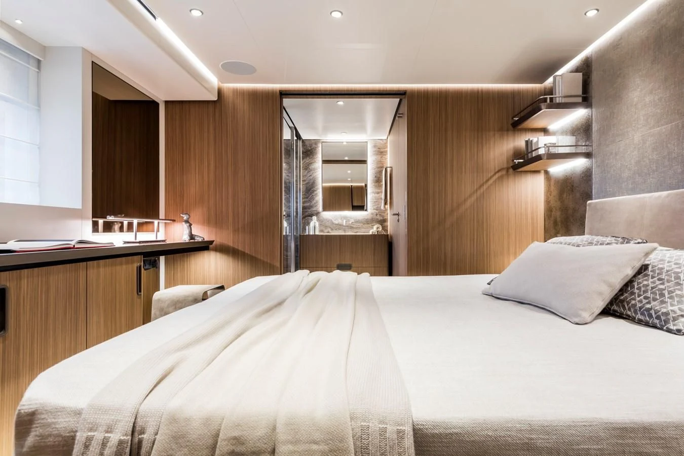 a bed in a room aboard NEVER BLUE Yacht for Sale