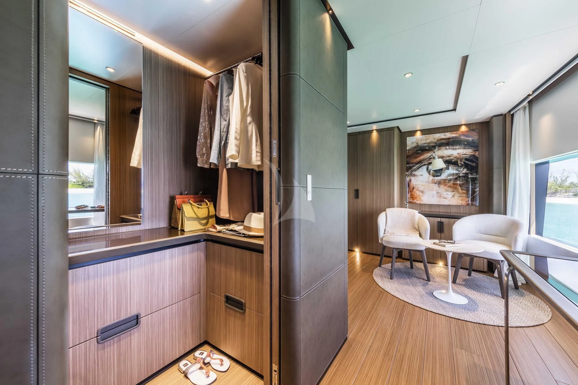 a large bathroom with a large mirror aboard NEVER BLUE Yacht for Sale