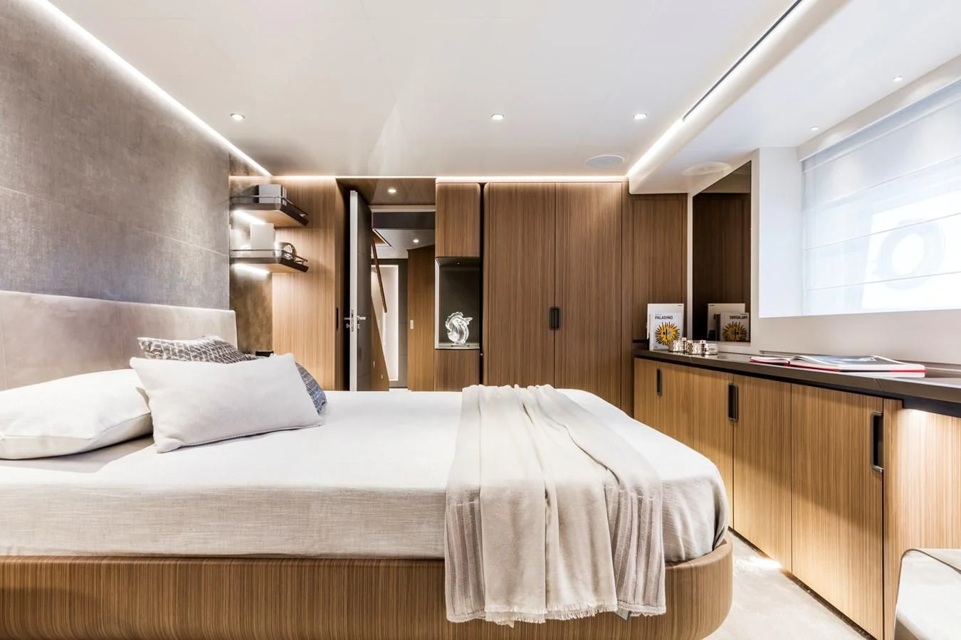 a bed in a room aboard NEVER BLUE Yacht for Sale