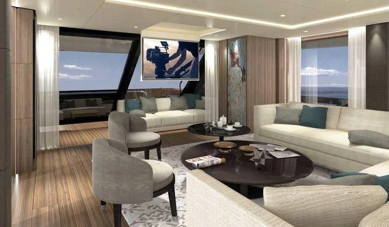 a living room with a large screen aboard NEVER BLUE Yacht for Sale
