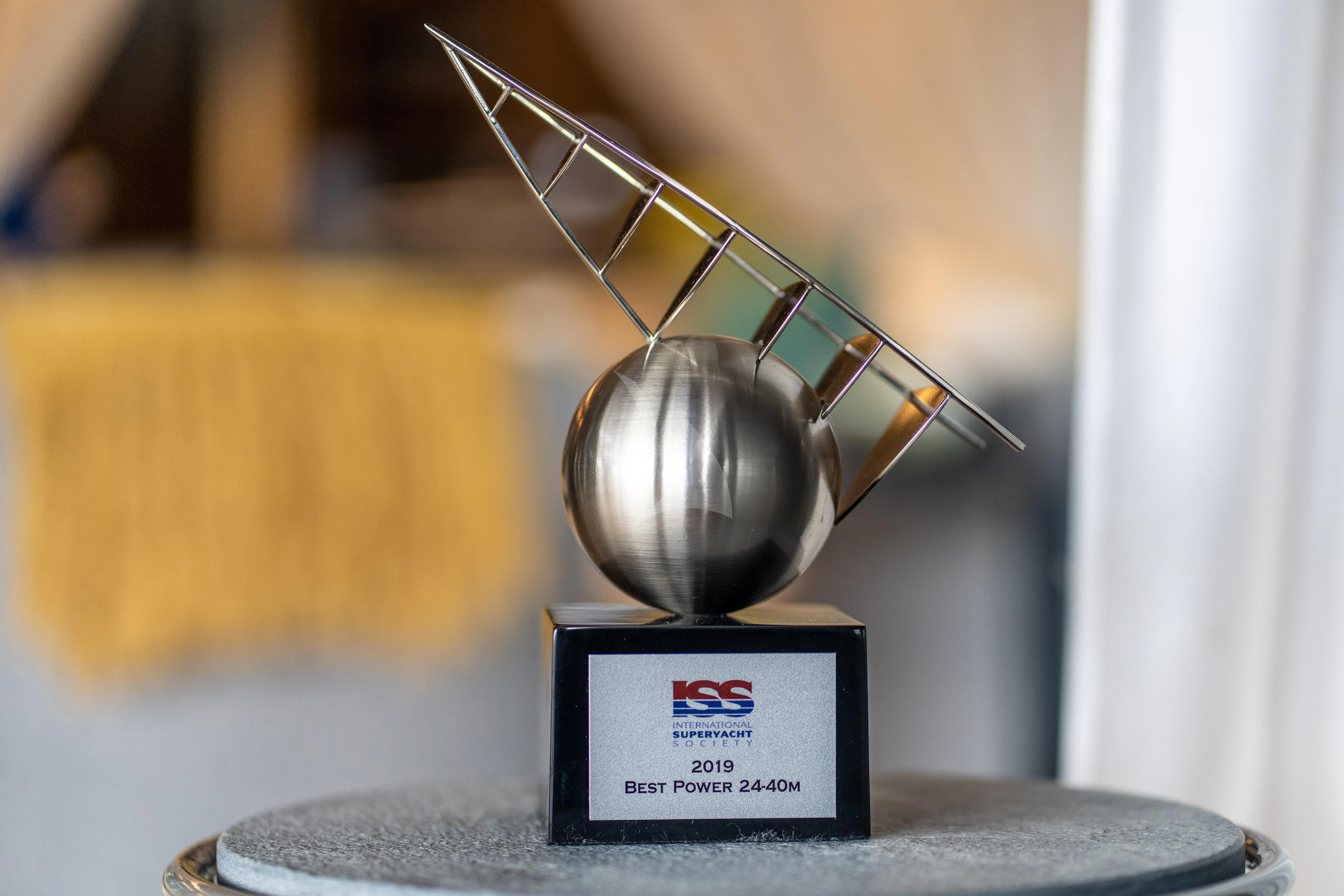a trophy on a table aboard NEVER BLUE Yacht for Sale