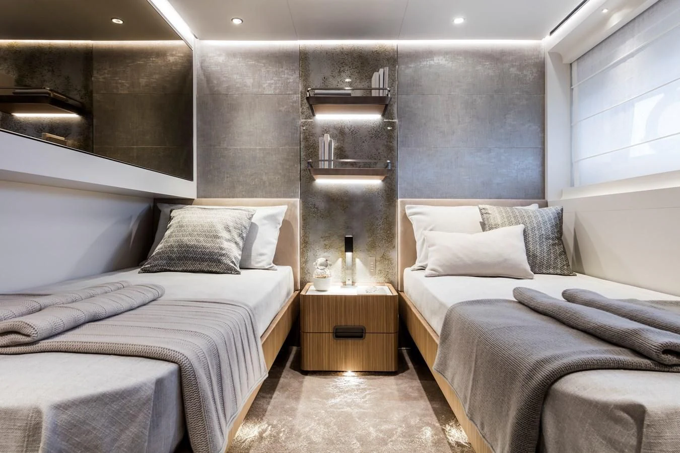 a room with two beds aboard NEVER BLUE Yacht for Sale