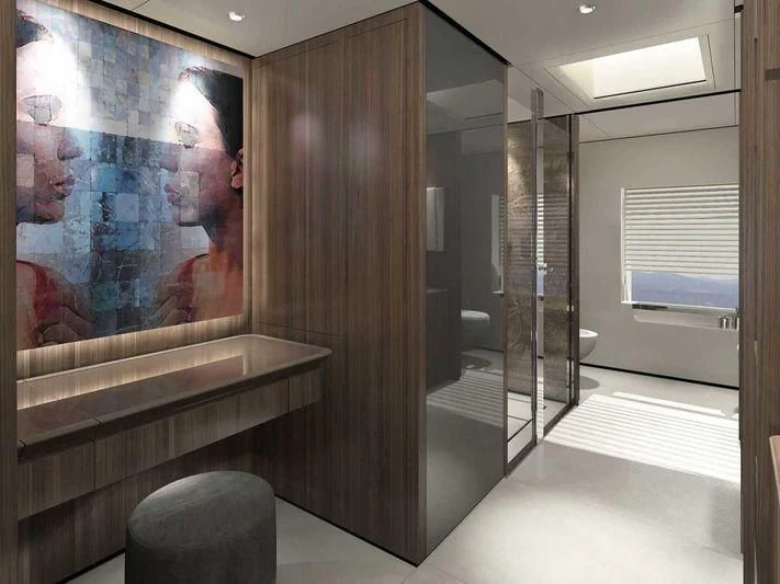 a room with a glass wall aboard NEVER BLUE Yacht for Sale
