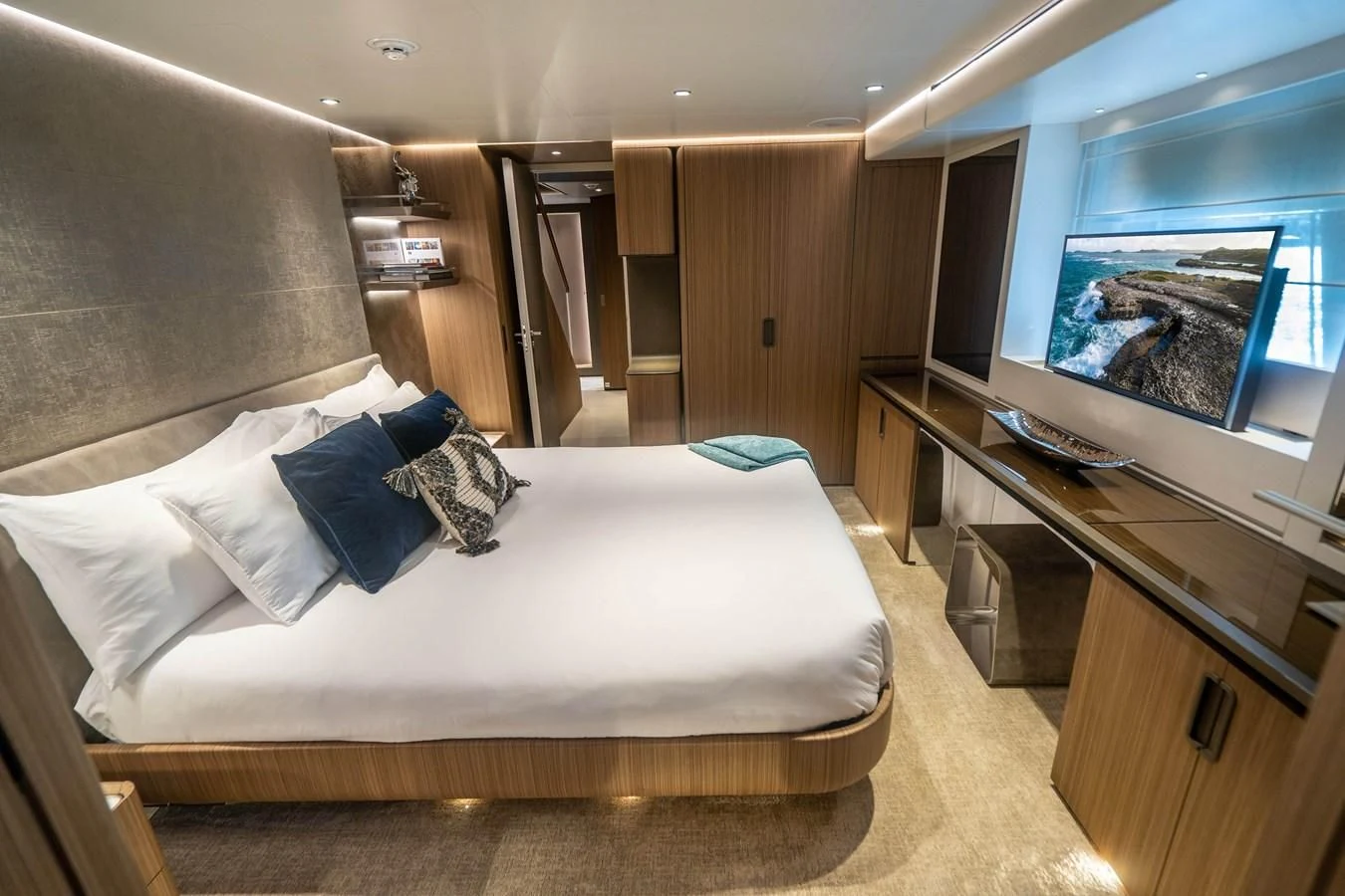 a bed in a room aboard NEVER BLUE Yacht for Sale