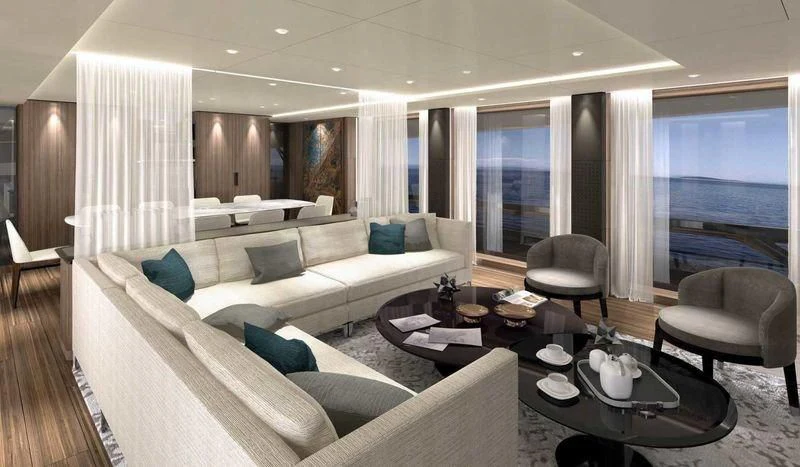 a living room with a large window aboard NEVER BLUE Yacht for Sale