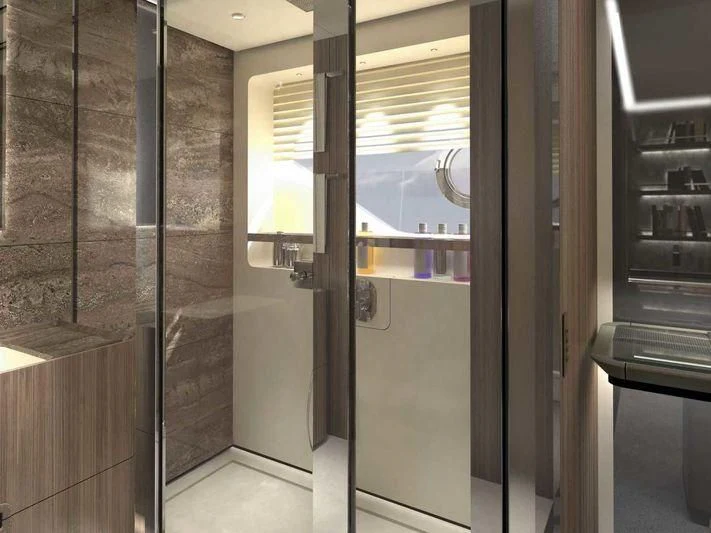 a room with glass doors aboard NEVER BLUE Yacht for Sale