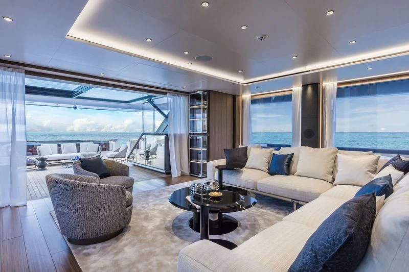 a living room with a large window aboard NEVER BLUE Yacht for Sale