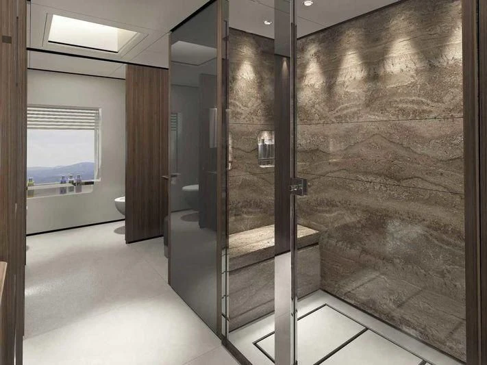 a bathroom with a glass shower aboard NEVER BLUE Yacht for Sale